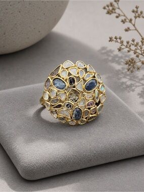Natural Diamond & Sapphire Slice Ring 18K Gold Over 925 | Polki Style 7.75 #600